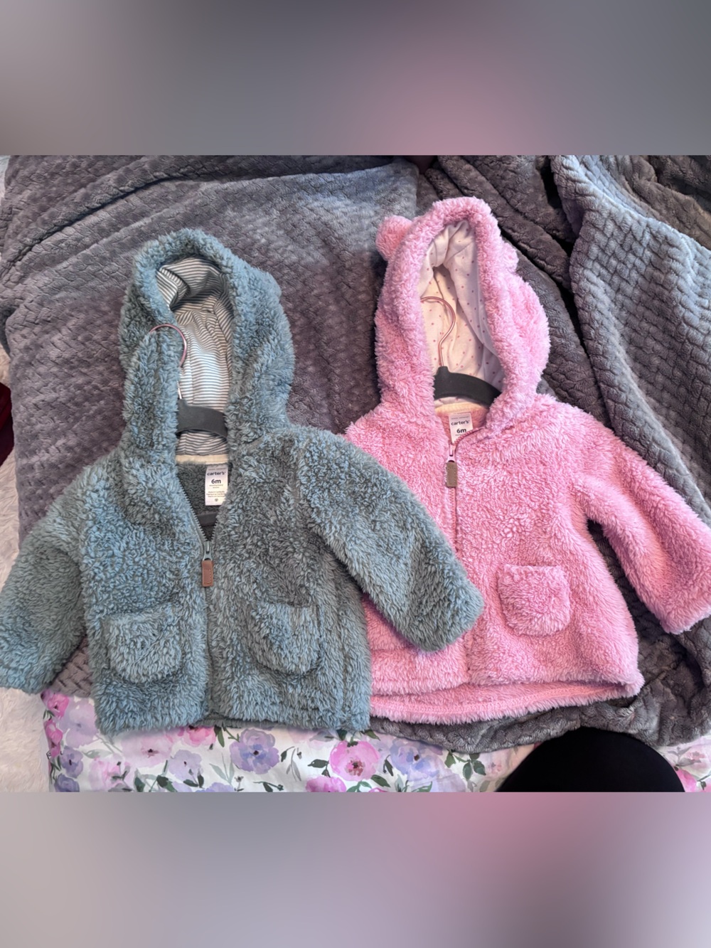 2 Carter's Plush Hooded Sherpa Jackets in Blue-Green and Pink. 6 Months.